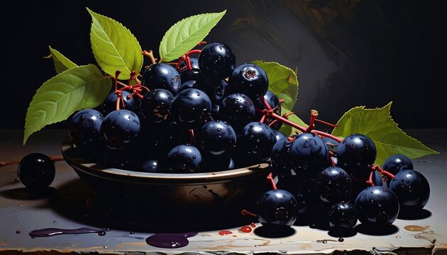 Still-life depiction of a bountiful bowl filled with dark, glistening berries and sprigs of fresh green leaves. Light source enhances textures