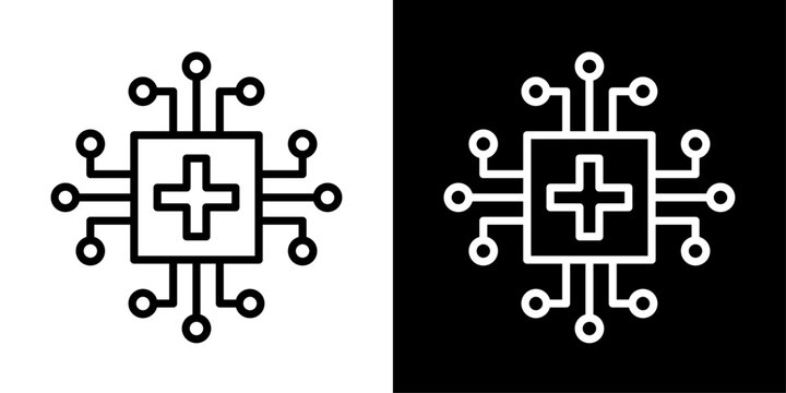 AI medical icon in outline style featuring healthcare cross and microchip elements representing artificial intelligence, digital healthcare, medical diagnostics, and smart healthcare solutions.