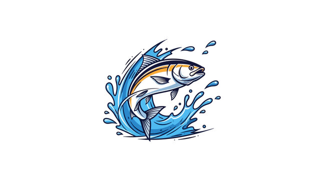 Jumping fish in water splash, fishing illustration, sea life, ocean animal, sport, movement