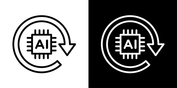 AI refresh icon in outline style featuring microchip and circular arrow elements representing artificial intelligence updates, automation, synchronization, and continuous learning systems.