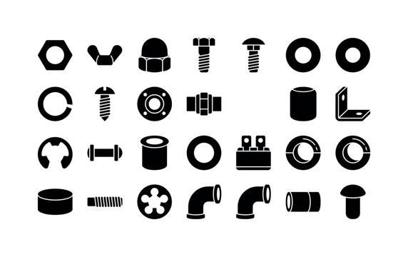 Mechanical Fastener Parts. Solid glyph icon set of industrial hardware with nut bolt and washer objects: hex nut, wing nut, cap nut, machine bolt, carriage bolt, flat washer, lock washer, screw, pipe