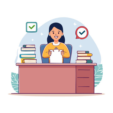 Woman sitting at desk with books and check marks