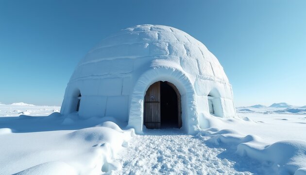 Snowy igloo home in arctic landscape under clear blue sky. Wooden door opens to dark interior. White ice blocks form dome. Cold winter environment.