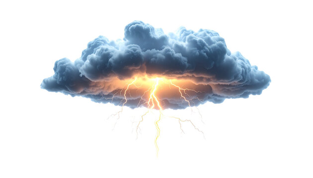 Realistic 3D lightning bolt with rain cloud, isolated on transparent background, weather concept