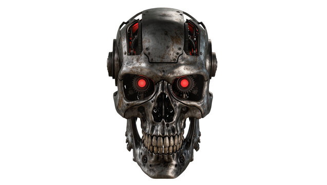 Cyborg skull with red glowing eyes and exposed mechanics