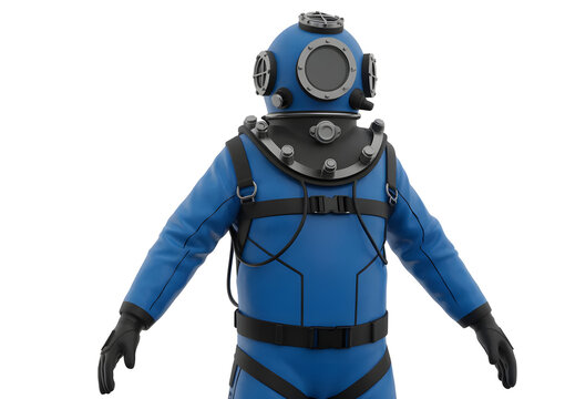 Vintage blue deep sea diving suit with helmet isolated on white background