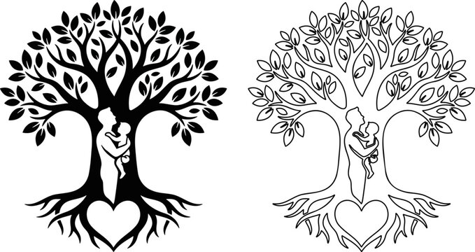 Family tree with heart roots silhouette, family ancestry and heritage concept vector illustration