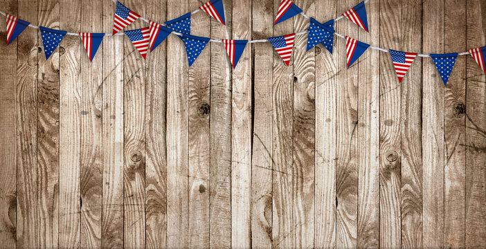 Vintage interior in wild west style in USA flag colors and old grunge wooden wall background, 4th of july Independence Day theme, retro festive concept for 250th anniversary holiday.