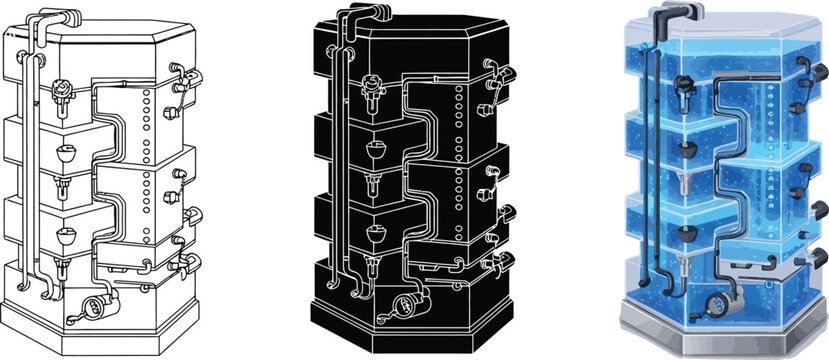 Detailed vector illustration of a multi-level hexagonal water system showcasing fluid dynamics and resource management ideal for sustainable technology and irrigation concepts