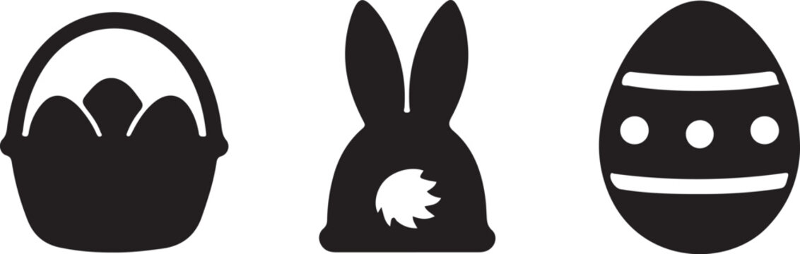 Easter celebration icons with basket of eggs, bunny, and decorated egg in black silhouette
