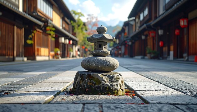 Stone lantern on cobbled street, traditional Japanese buildings lining the sides. Blue sky peeks over mountain