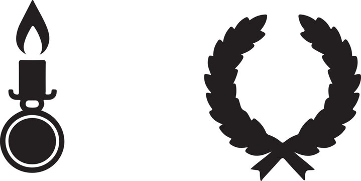 Minimalist black and white illustration of a torch and laurel wreath, symbolizing victory