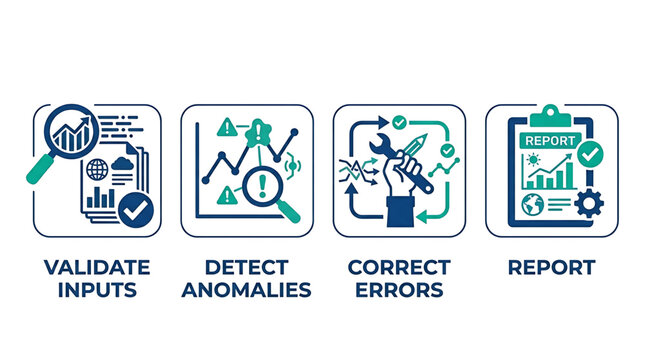 Data quality control workflow icons for information auditing and performance monitoring systems
