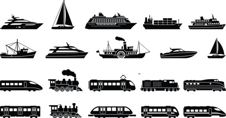 Transportation vector illustration featuring boats, ships, and trains in black silhouette style representing travel, industry, and motion design © Sheikh