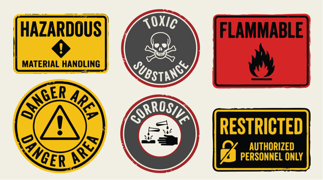 Industrial warning signs collection, vintage hazard labels for material handling, toxic substance and flammable danger stickers, set of 6 vectors