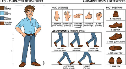 Vector illustration of male cartoon character design sheet with gestures, walking cycle, and foot positions representing animation themes