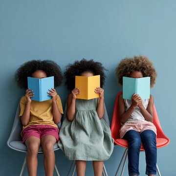 Group of children reading books on chairs against a pastel blue wall for education background and banner design focused on learning and literacy
