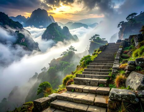 Stone staircase leads up to a mountaintop, shrouded in clouds. Sun peaks out in the background, creating a gorgeous light over the land