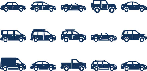 Vector illustration of stylized vehicle silhouettes including sedans, SUVs, vans, and trucks representing automotive and transportation themes © Sheikh