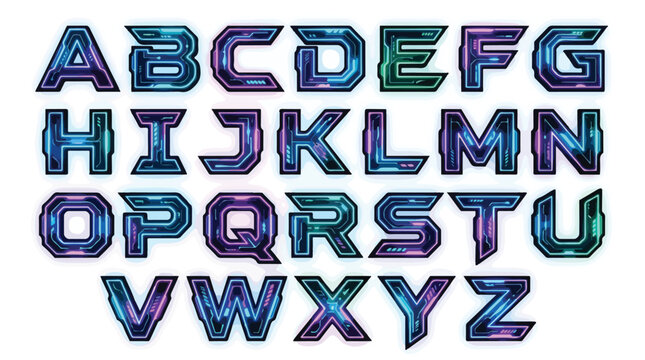 Futuristic gaming alphabet vector set, sci-fi techno font with neon blue and purple glow, robotic mechanical lettering for e-sports and gaming logos