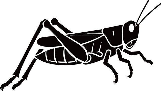 Black and white silhouette illustration of a grasshopper in profile view