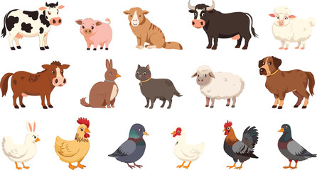 Fototapeta premium Cute Domestic Farm Animal Cartoon Character Vector Illustration Set with Cow Pig Sheep Chicken and Dog for Kids Education and Children Book Designs