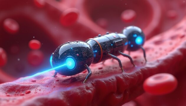 Microscopic robot travels inside blood vessel. Futuristic nanotech delivers medicine to cells. Red blood cells float near tiny cyborg machine.