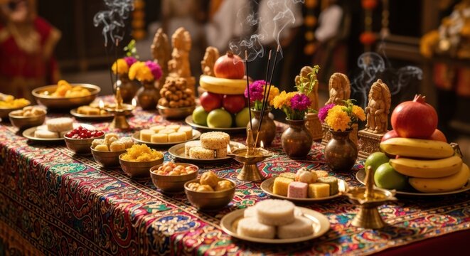 Traditional Indian festival food offerings table.