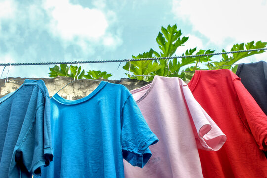 Colorful clothes are dried on clotheslines with hangers near the mossy cement wall.