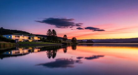Obraz premium Serene lake house at sunset reflection.