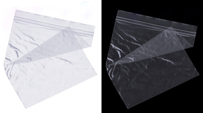 Transparent plastic zipper bag mockup, empty clear polyethylene zip lock pouch on white and black background, wrinkled synthetic storage bag for packaging