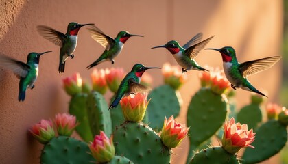 Fototapeta premium Small emerald hummingbirds hover near prickly pear cactus flowers in a desert environment. Birds feed on nectar from vibrant orange blossoms. Wildlife scene.