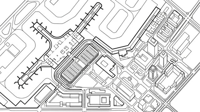 Airport Terminal and Transportation Hub Masterplan in Top Down Architectural CAD Layout