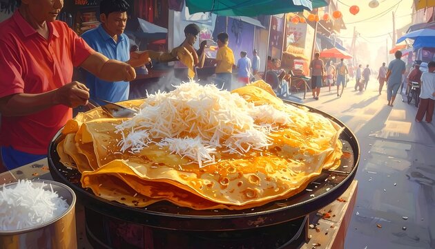 Street food vendor prepares a large pancake with shredded coconut in a bustling market, filled with people