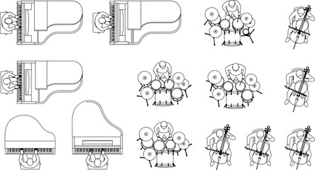 Naklejka premium Top view of musicians playing grand pianos, drums, and cellos isolated on white background transparent background