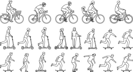 Set of people riding bicycles, scooters and skateboards isolated on white background transparent background © SampaRani