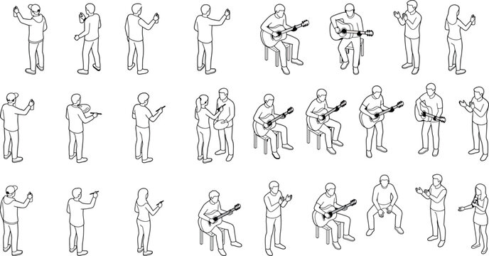 Set of isometric people performing various creative activities like painting, playing guitar, and clapping isolated on white background transparent background