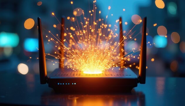 Close up of wi-fi router emitting bright orange light and sparks. Modern internet device with glowing effect. Network connection technology concept.