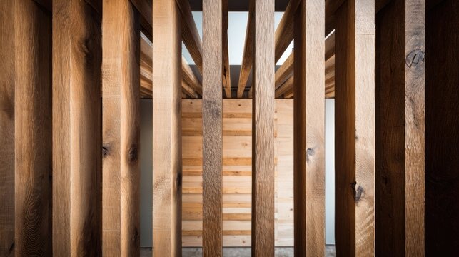 Vertical wooden slats create a rhythmic, textured architectural screen with depth perception