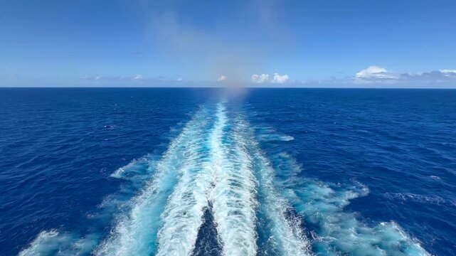 Unedited  footage from the top deck stern of a cruise liner. Clear skies, sunny and windless, with a glassy light-blue Atlantic. Two propeller wakes and a foamy keel trail visible behind the ship.