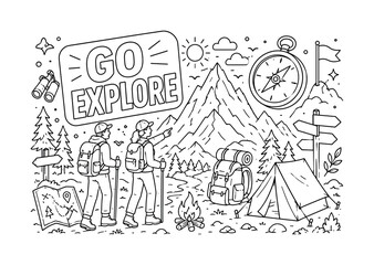 Obraz premium Outdoor Adventure Exploration. Banner line art of adventure scene with two hikers near oversized mountain and compass, backpack and tent nearby, small elements like trees, map, flag filling edges,