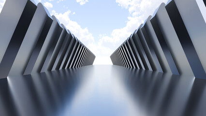 Premium 3D abstract architectural corridor background with metallic geometric structures leading...