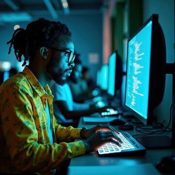Man with glasses types code on keyboard. Programmer works on computer, blue light illuminates screen. Focused developer in yellow shirt in tech office setting, coding late night.