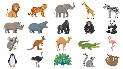 Obraz premium A diverse collection of wild animals from various habitats around the world, including mammals, birds, and reptiles.