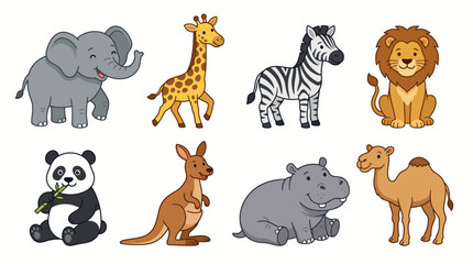 Fototapeta premium A collection of cute cartoon wild animals including an elephant, giraffe, zebra, lion, panda, kangaroo, hippo, and camel on a white background.