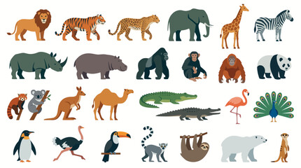 Obraz premium A comprehensive collection of diverse wild animals from various continents and habitats, depicted in a flat vector style.