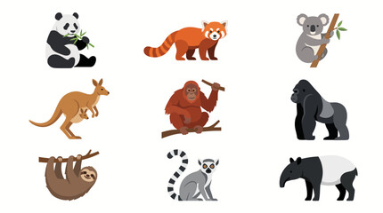 Obraz premium A collection of various wild animals including a panda, red panda, koala, kangaroo, orangutan, gorilla, sloth, lemur, and tapir.
