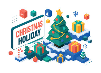 Obraz premium Christmas Holiday Web , oversized Christmas tree with bold geometric depth, floating gift blocks and snowy stepped platforms, asymmetric editorial layout, warm yellow and coral with deep teal accents,