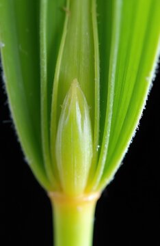 Macro view of Reed Canary Grass stem base and developing bud. Green plant details with fine hairs on leaf edges. Nature botany subject with dark background.