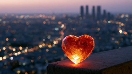 Fototapeta premium Glowing faceted heart gemstone perched on ledge overlooking blurry city lights at twilight time